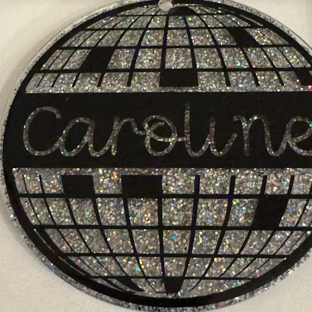 Personalized Caroline Silver Glitter Disco Ball Ornament Keychain Bag Charm‎